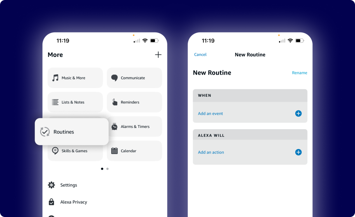 Smartphone screens displaying Alexa app features and routine creation