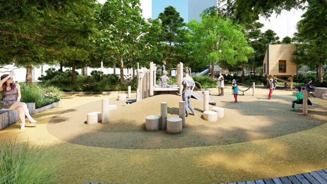 位于弗吉尼亚州阿灵顿的亚马逊第二总部大都会公园的效果图。