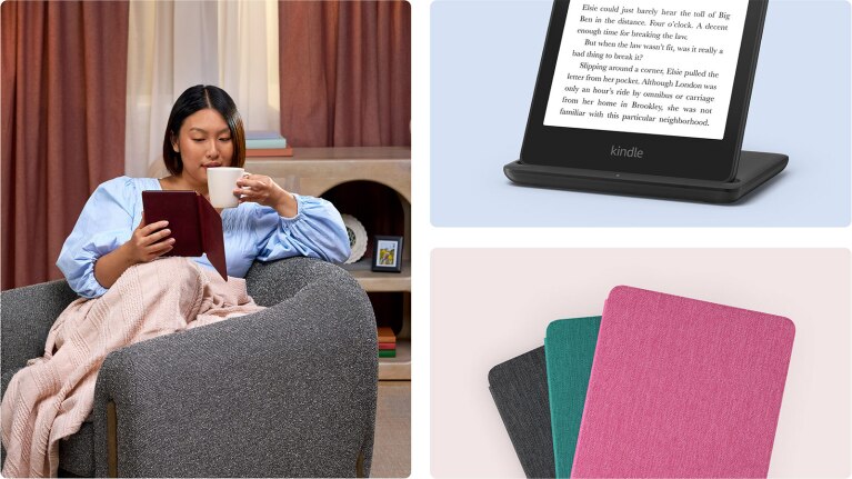 Woman relaxing with Kindle and coffee, Kindle e-reader, colorful Kindle cases