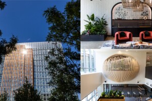 A split image showing the outside of Amazon's HQ2 building, a seating area inside, and a stairwell inside