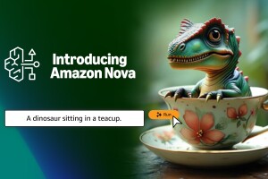 Introducing Amazon Nova. Prompt: A dinosaur sitting in a teacup.