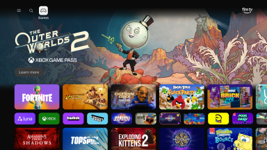New Fire TV UI Browsing screen featuring The Outer Worlds 2 on XBOX game pass.