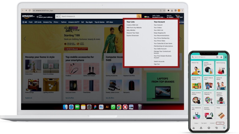 screenshots of Amazon tools and features that make shopping easy for customers