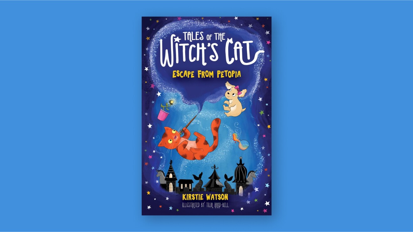 Children's bookcover showing a cat with a wand floating among the stars, with city skyline below