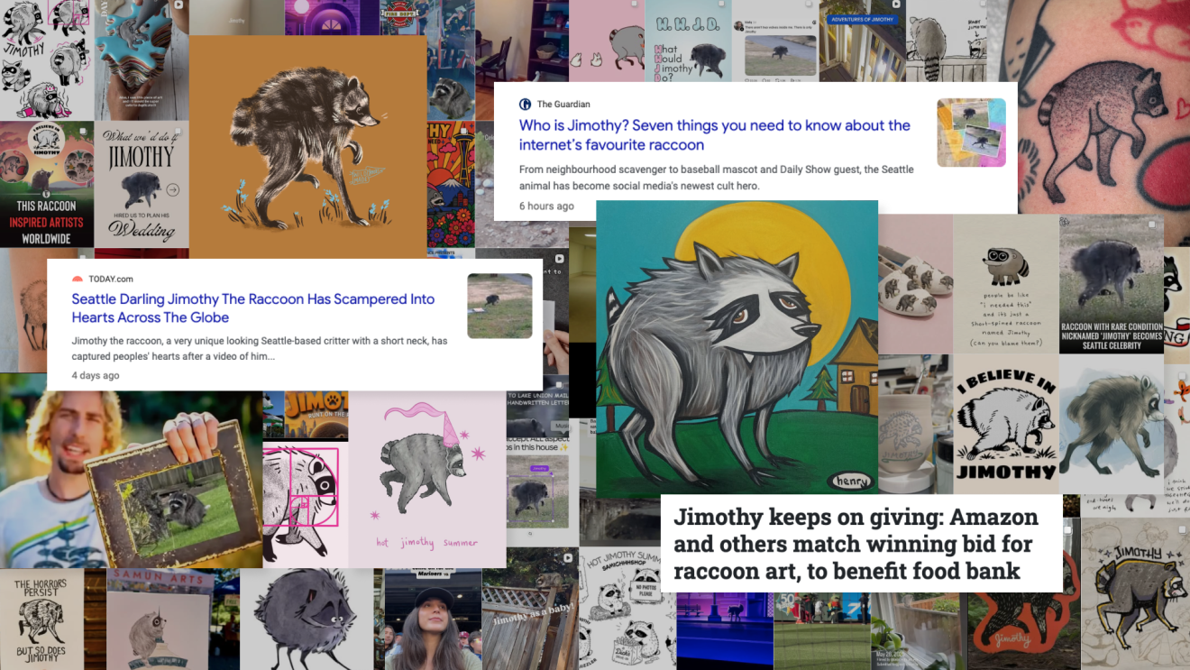 A collage of Jimothy the racoon artwork