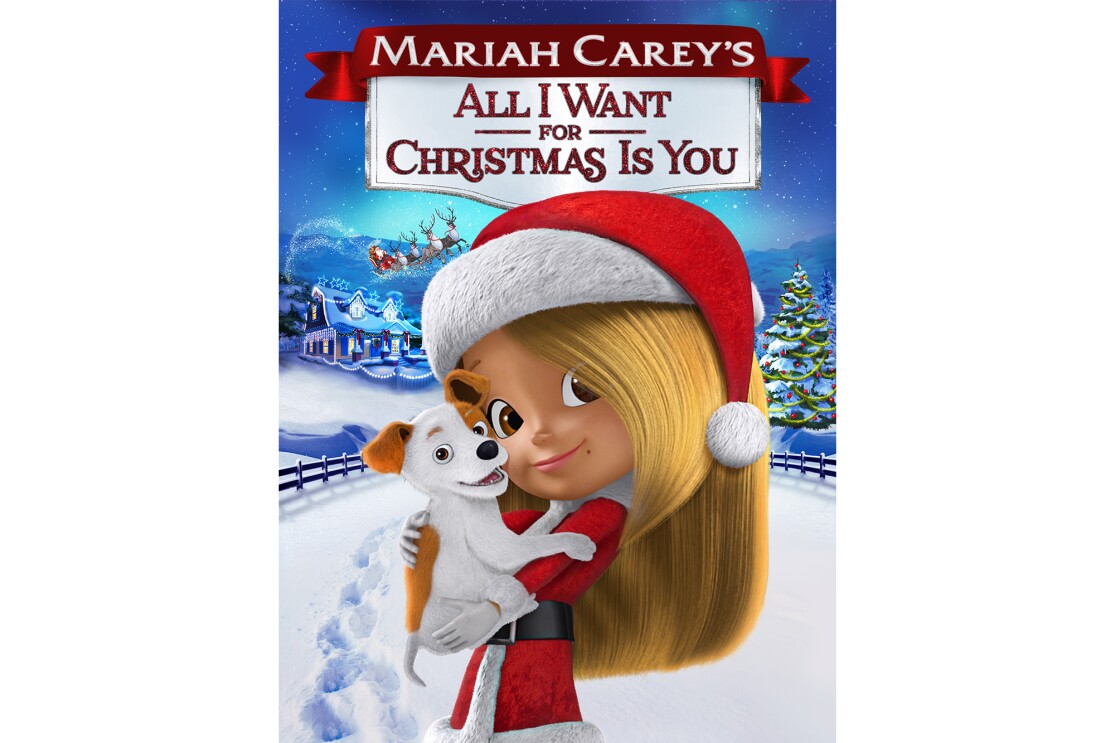 Artwork for "Mariah Carey's All I want for Christmas is you" animated movie, showing a young girl in a santa hat and outfit, holding a puppy.