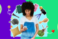 Smiling woman using smartphone, surrounded by lifestyle accessories and emoji icons
