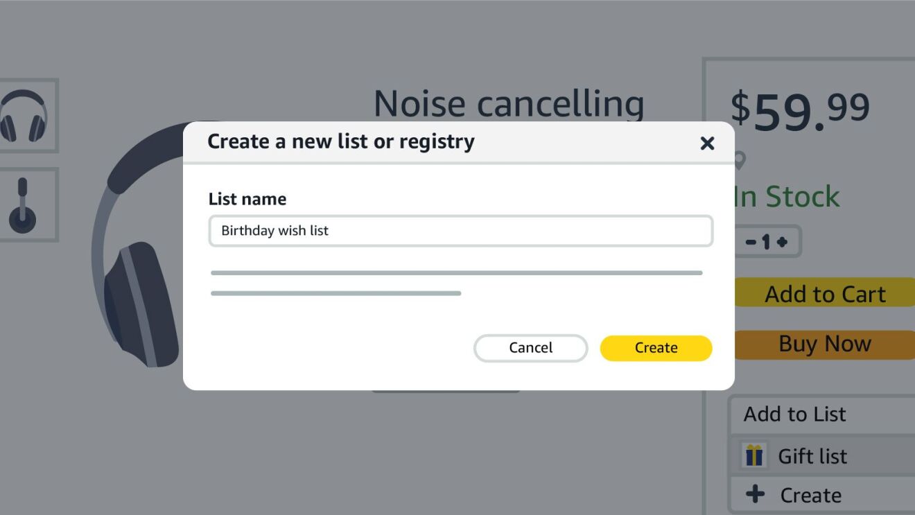 Pop-up window for creating a new birthday wish list