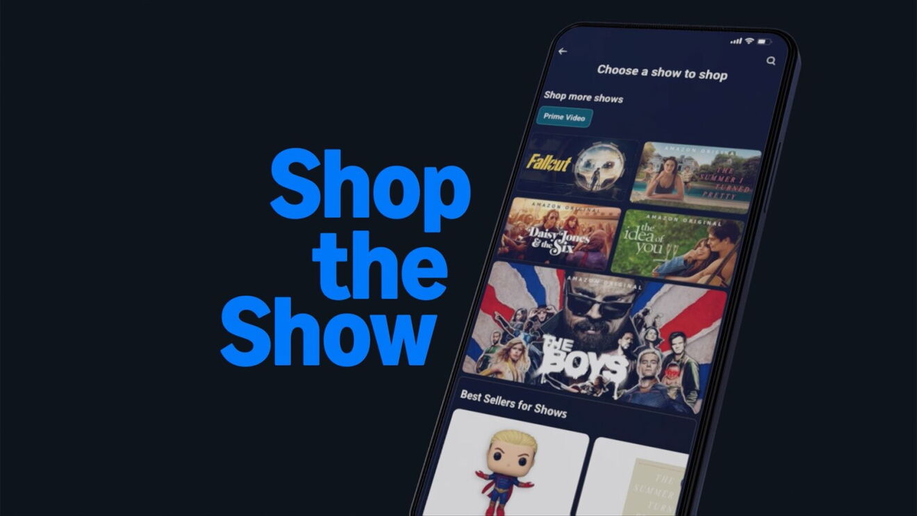 Smartphone displaying 'Shop the Show' feature with TV series thumbnails