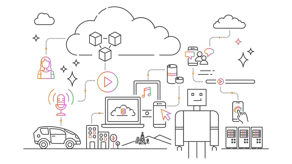 Illustration of cloud concepts, including computers, cell phones, cars, and robotics.