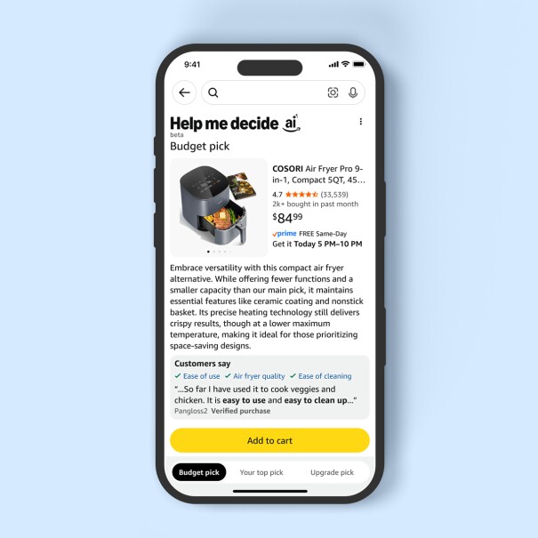 Smartphone displaying COSORI Air Fryer product page on 'Help me decide' feature