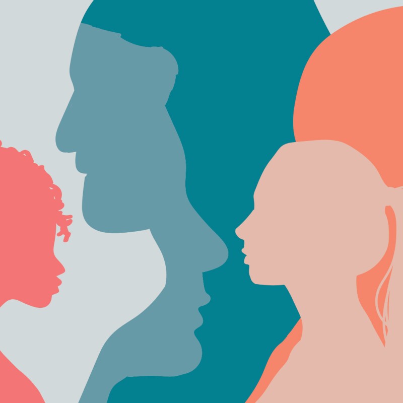 An illustrated image of different faces in blue and orange tones.