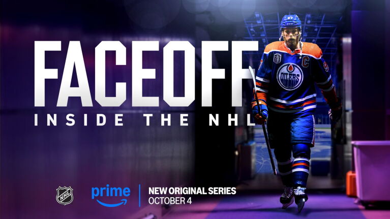NHL player in Edmonton Oilers jersey promoting 'Faceoff' series on Prime Video.