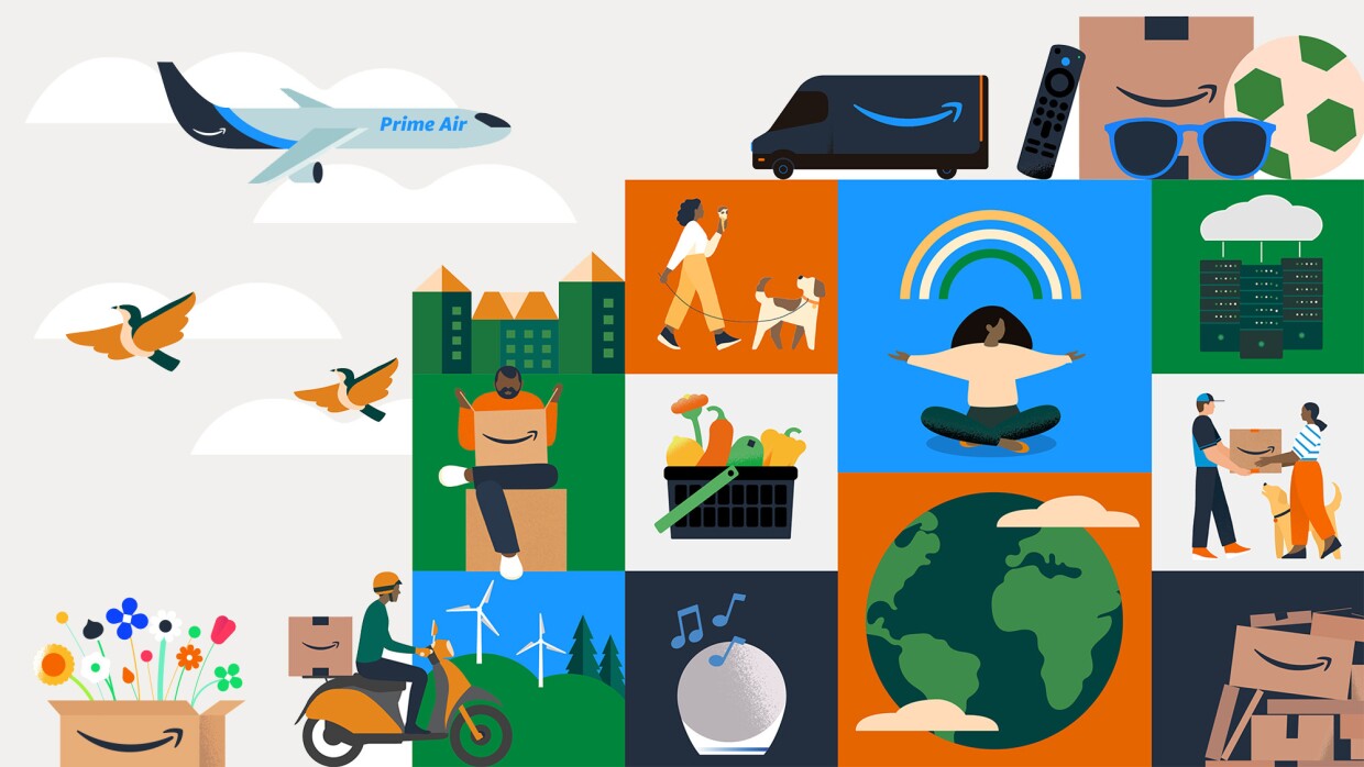 An collage of illustrated images that represent Amazon's sustainability efforts. The collage shows people handling, delivering, and opening boxes with the Amazon logo, assorted images, and the top left corner shows a plane with "Prime Air" written on it.