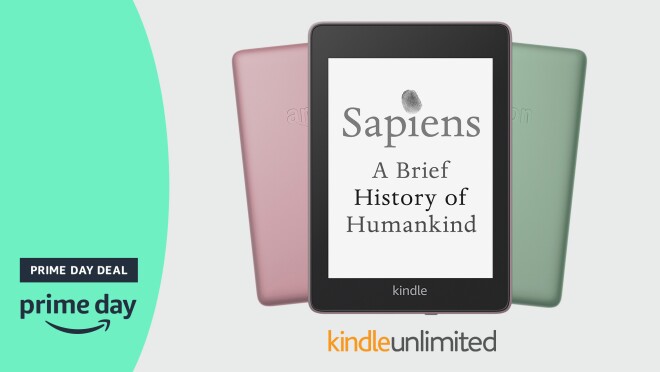 图形图像显示三个kindle '天——一个粉红色和一个灰绿色显示文本“智人:短暂的人类历史上。”