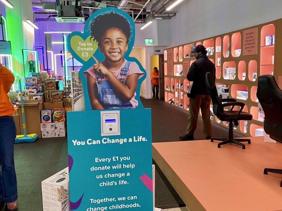 Green Barnardo's sign at the Amazon Second Chance Store
