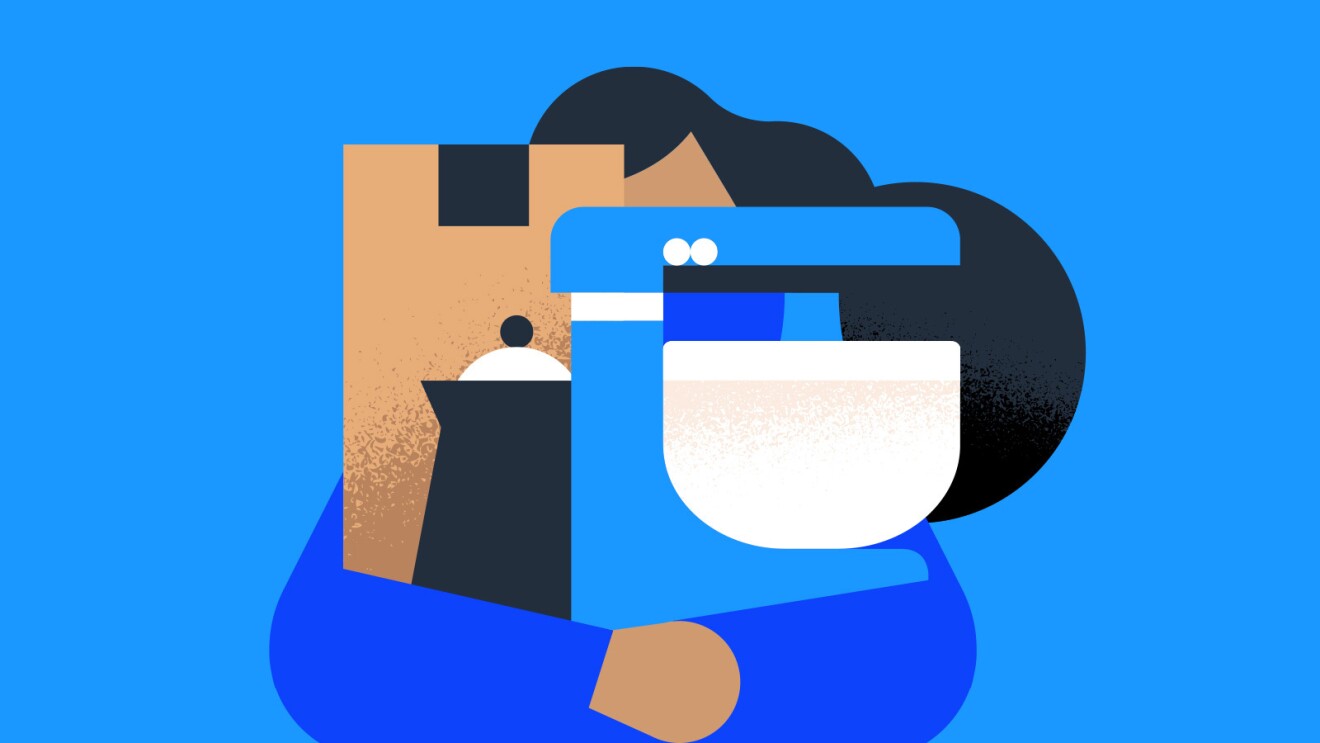 An illustrated image of a woman holding a box and two kitchen items on a blue background. 