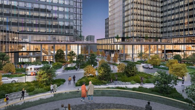 位于弗吉尼亚州阿灵顿的亚马逊第二总部大都会公园的效果图。