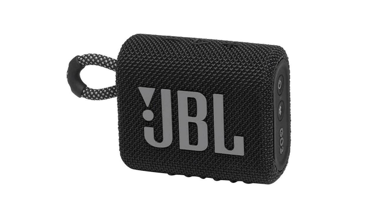 An image of a small, black speaker with the words "JBL" on the front. It's small enough to fit in your hands and has a loop to carry it with you.