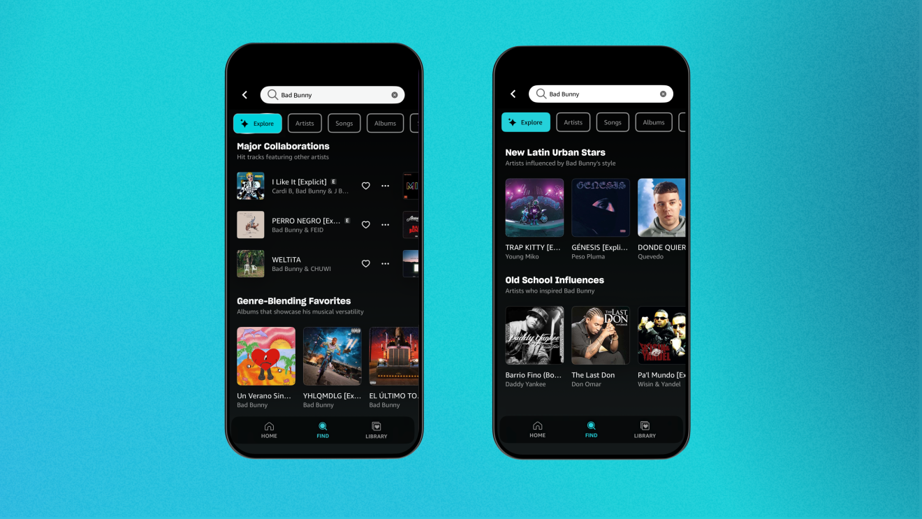 Amazon Music AI-powered search: Smartphone screens displaying Latin urban music playlists and artist influences
