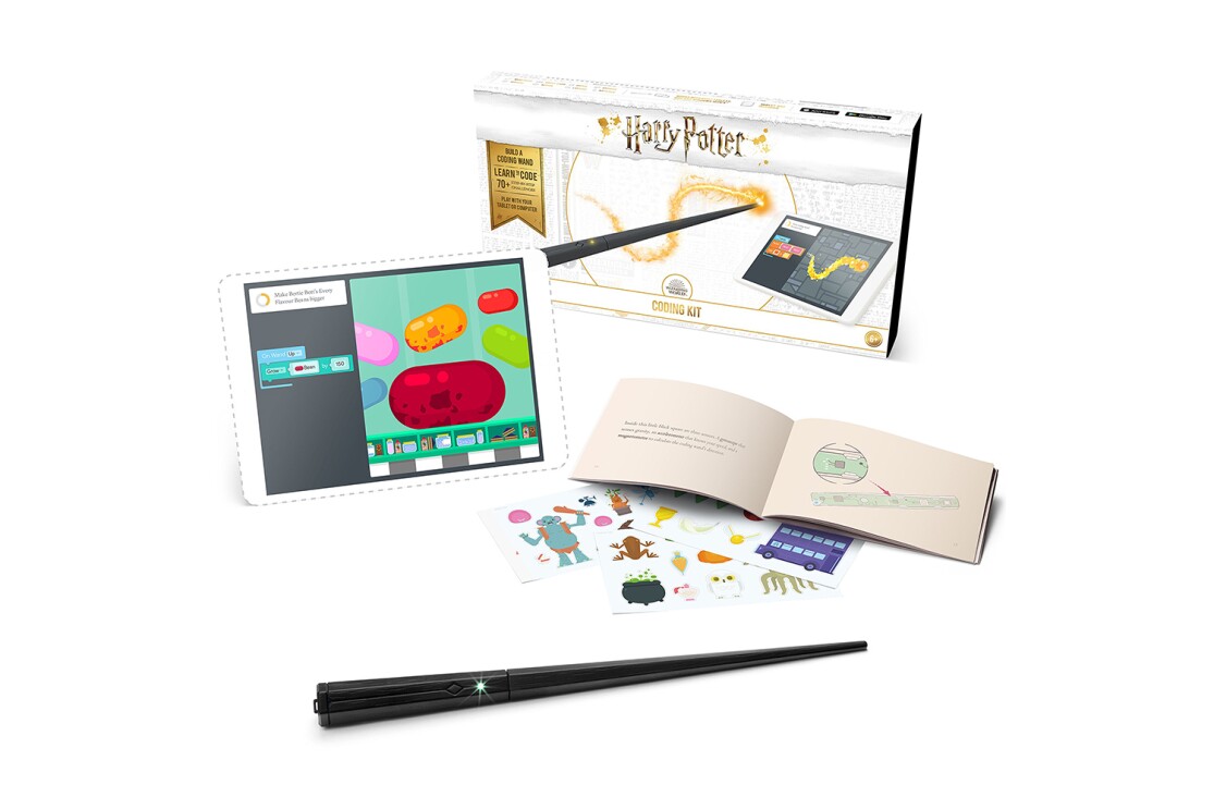 A Harry Pottery coding kit that guides kids as they build a wand that responds to movements. Comes with wand parts, PCB with codeable LED, button, batteries, step-by-step book, stickers, poster, and free Kano app.
