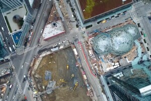 An overhead view of Amazon's spheres and its surroundings in downtown Seattle.