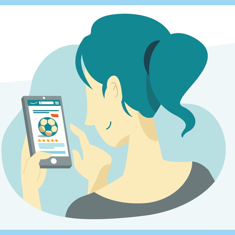 Imagen ilustrada de una mujer mirando un teléfono comprando un balón de fútbol en Amazon.