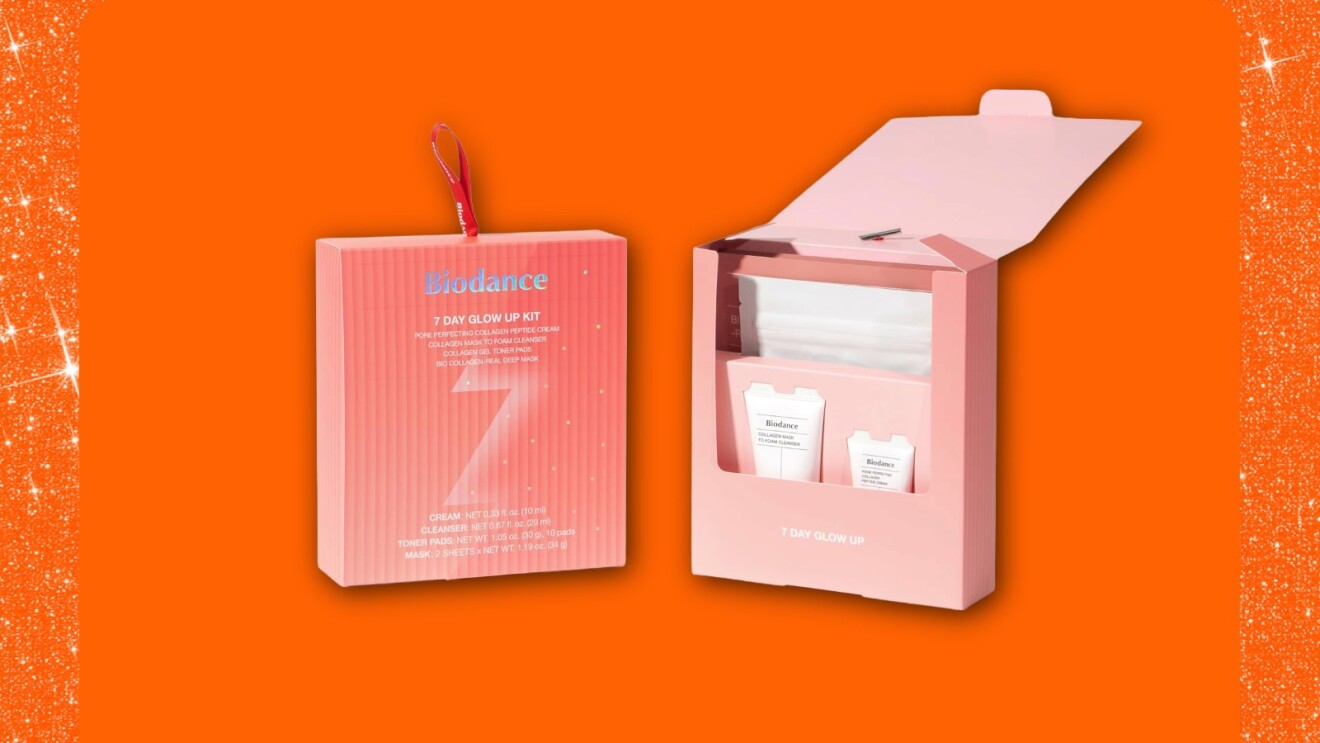 Biodance 7 Day Glow Up Kit in pink packaging on orange background