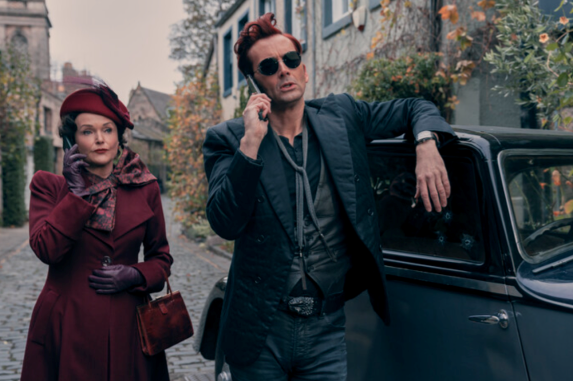 Miranda Richardson as Shax and David Tenant as Crowley in Good Omens season 2