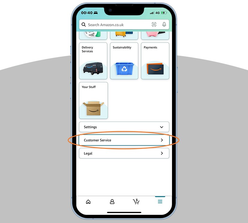 A mobile phone showing how to contact Amazon Customer Service