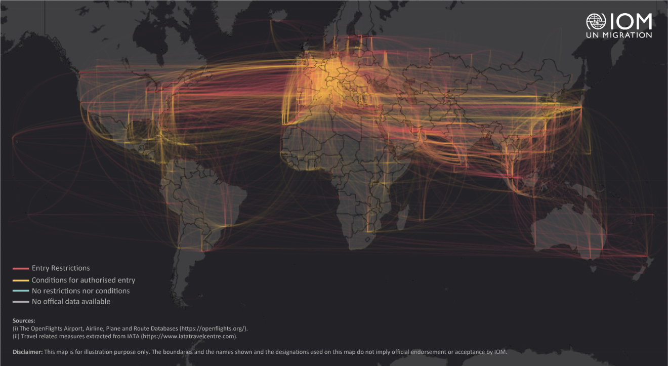 An infographic of a map showing restricted or canceled routes of international entry between countries. It shows that most international travel has been either restricted or closed completely. 