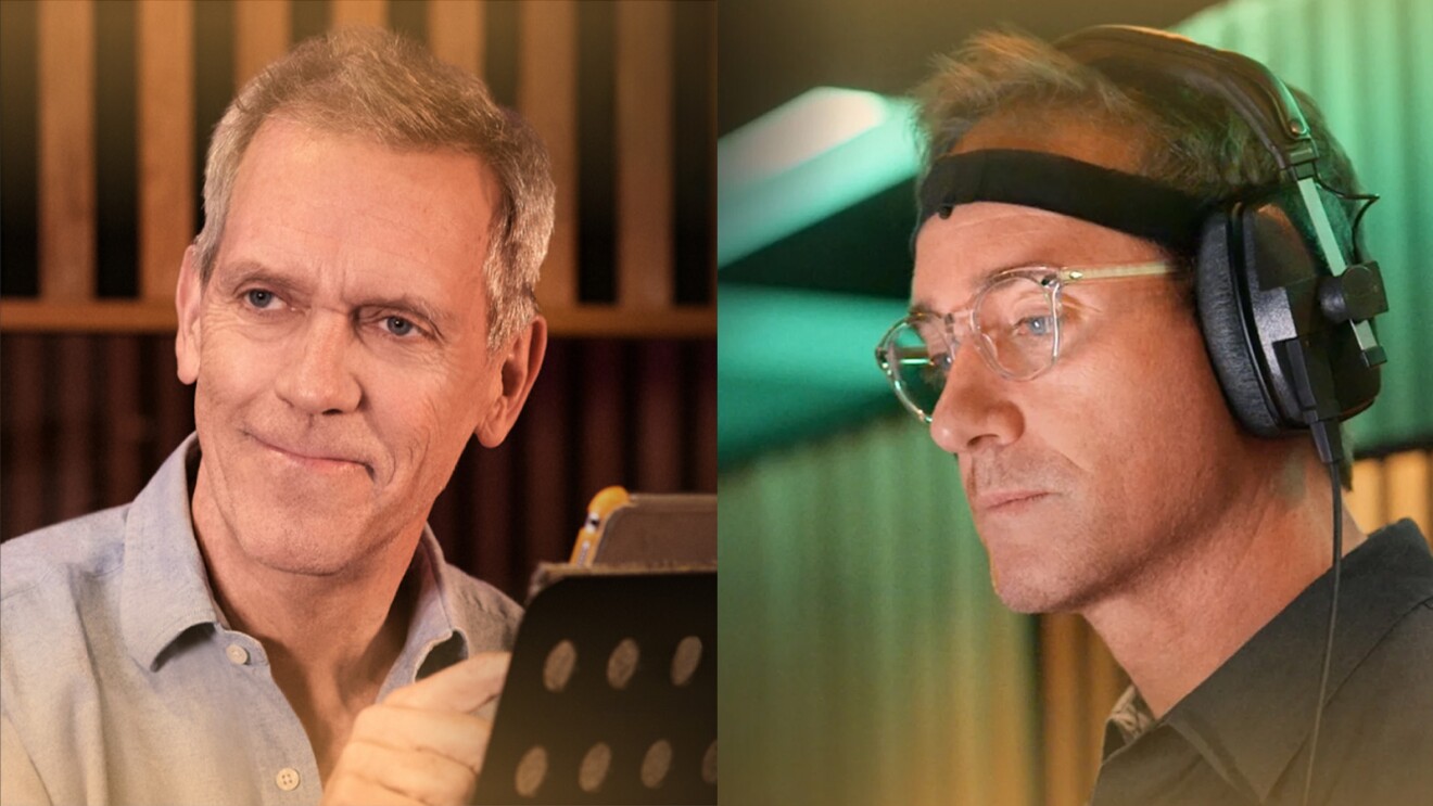Headshots of Hugh Laurie and Matthew Macfadyen in the studio recording for Harry Potter