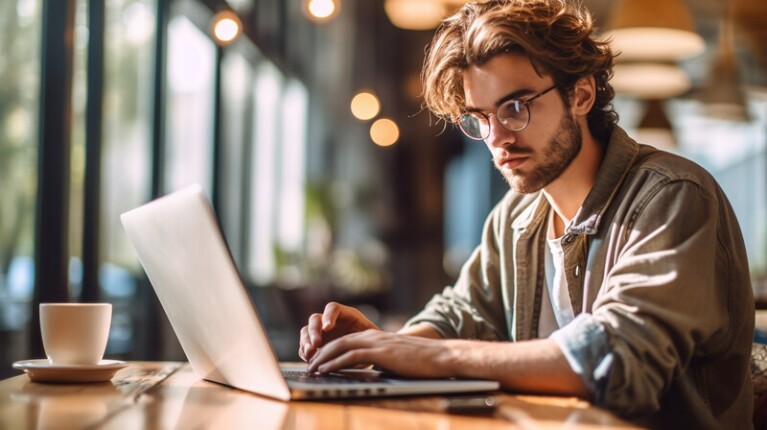 Mann guckt genervt auf seinen Bildschirm. Sein Konto ist gesperrt ist.