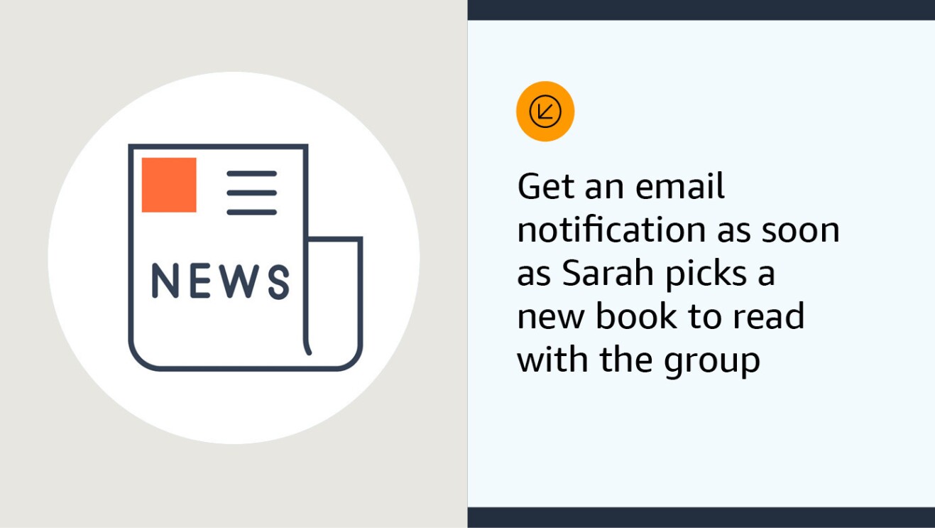 An illustrate graphic. One side shows an illustration of a newspaper and the other shows text that reads "get email notification as soon as Sarah picks a new book to read with the group."