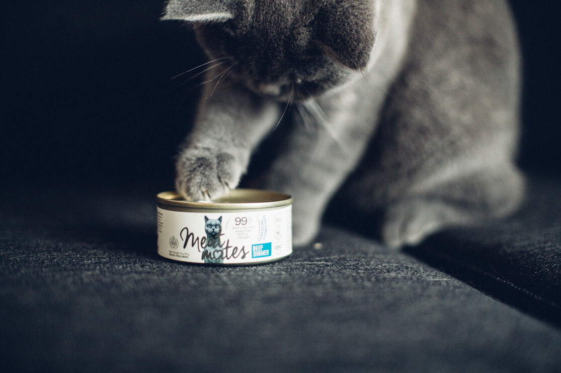 Product imagery of Meat Mates pet food with a customer 