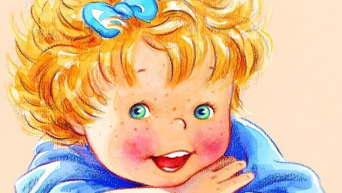 Dessin d'une petite fille blonde avec un noeud bleu dans les cheveux et des taches de rousseur