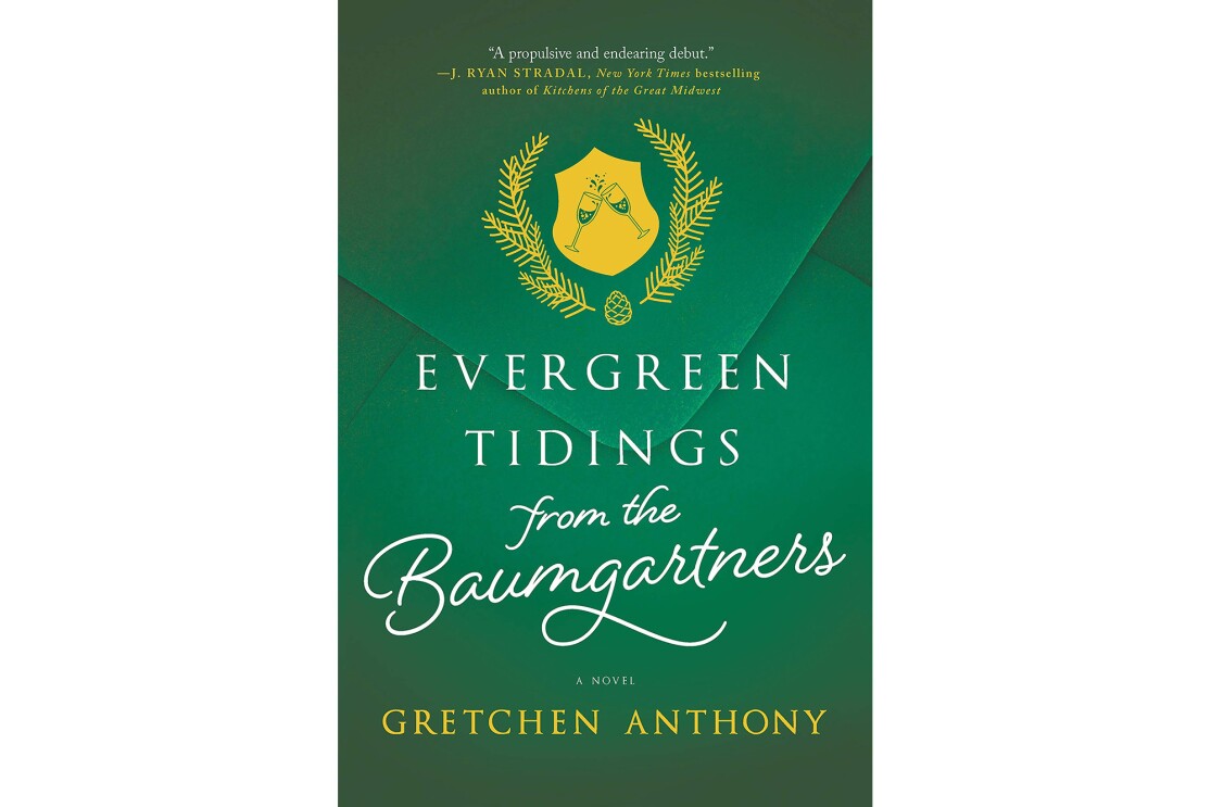 A yellow crest showing two champagne glasses toasting, surrounded by evergreen boughs and a a pinecone, on a forest green zoomed-in envelope. The title is written in white, with the author's name in yellow.