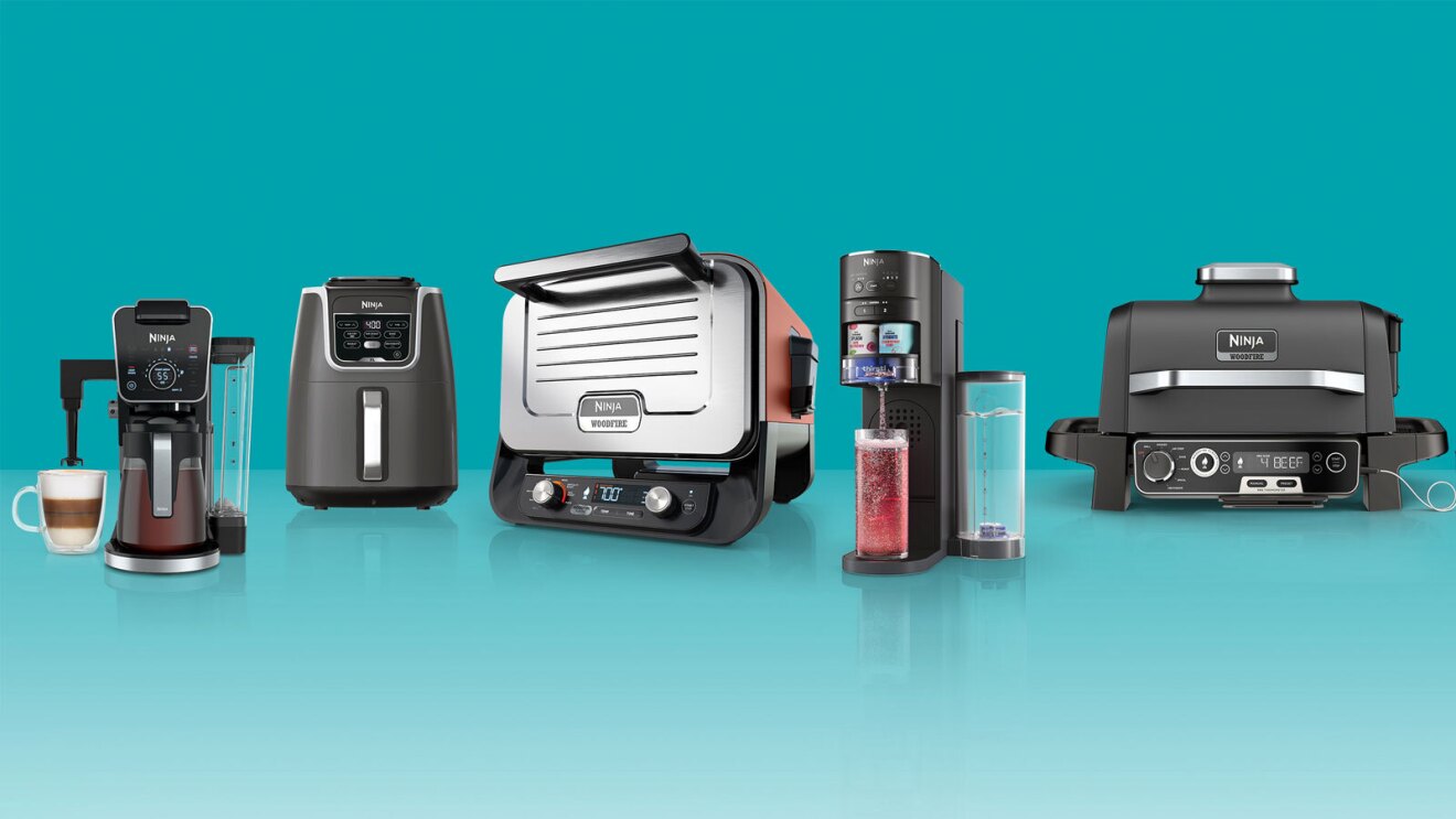An image of various Ninja kitchen appliances, including an espresso machine, a blender, and several other items.