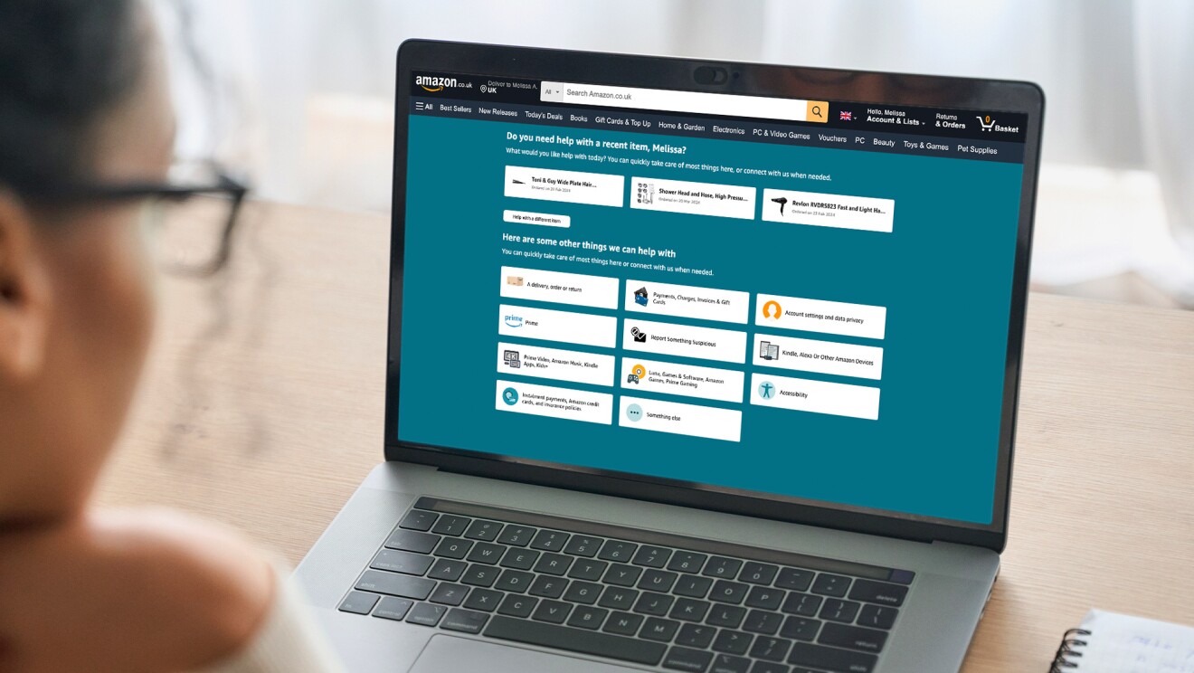 Laptop displaying Amazon customer service options page