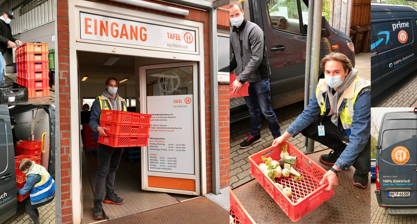Collage mit Bildern von Tafel- und Amazon-Mitarbeiter:innen bei der Hilfsaktion, mit Lieferfahrzeug