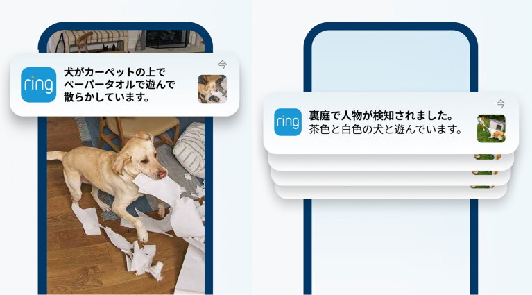 Ringアプリのスマートビデオ通知の画面イメージ。室内の犬の活動と、裏庭での人物と犬の検知を通知する2つの画面例。