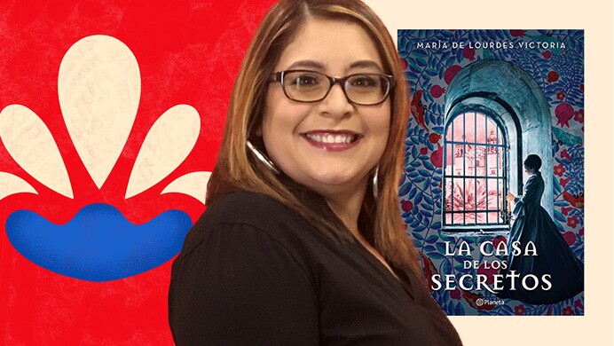 An image of Rubi Romero, representative, Selling Partner Success, and a cover of a book in the background with an illustration of a flower in cream, blue and red. 