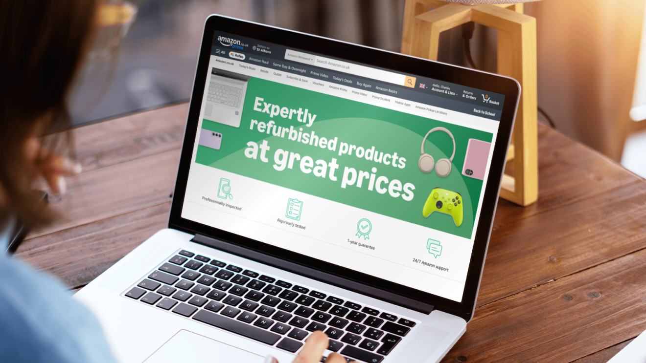 Woman on laptop with Amazon Renewed offering on screen
