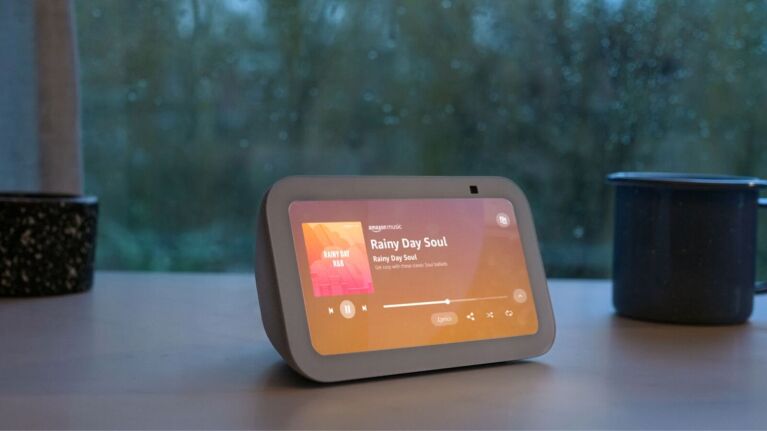 Echo Show playing mellow tunes beside plant pot on rainy afternoon