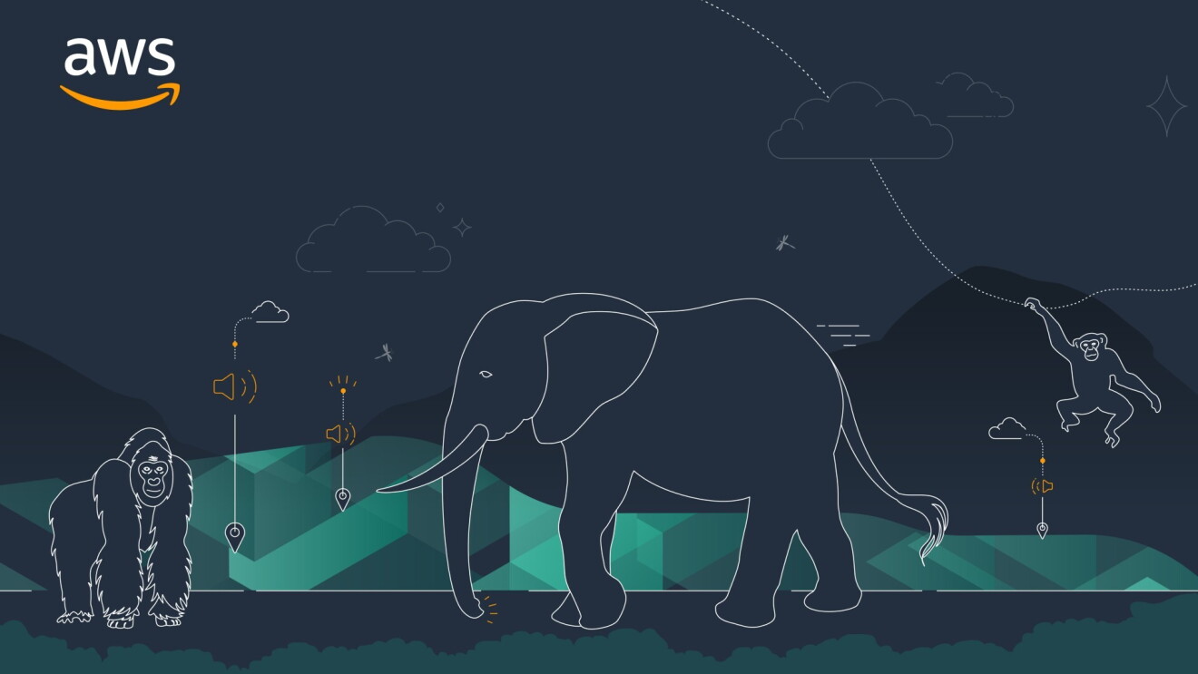 Graphics of a guerilla, elephant and chimpanzee with a dark navy background. Between the animals are small graphics of clouds with a dropdown to a speaker icon with the last drop down to a location pin icon where each animal is.