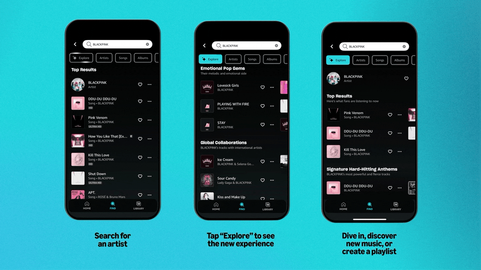 Spotify interface mockups showing BLACKPINK search results on three mobile screens