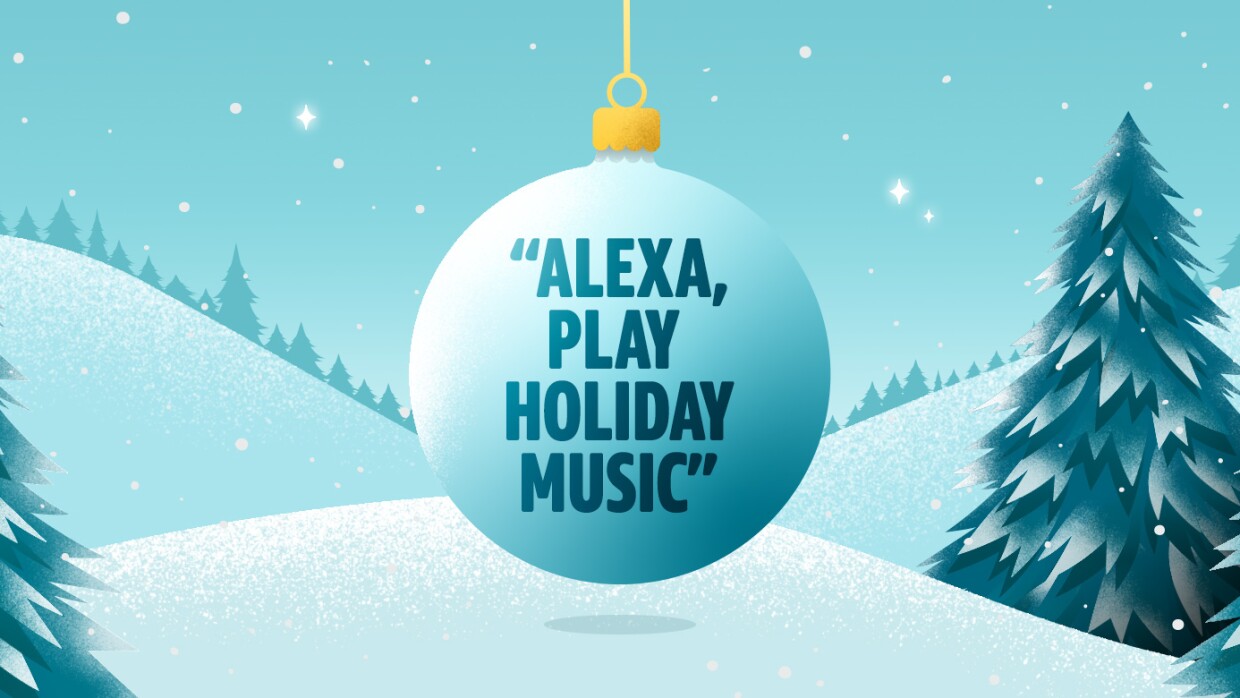 Illustration of an ornament with text that says "Alexa, play household music" 