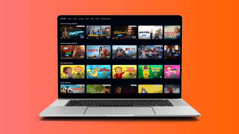Amazon Prime Video streaming service showcased on laptop screen featuring sign language option for ASL and BSL