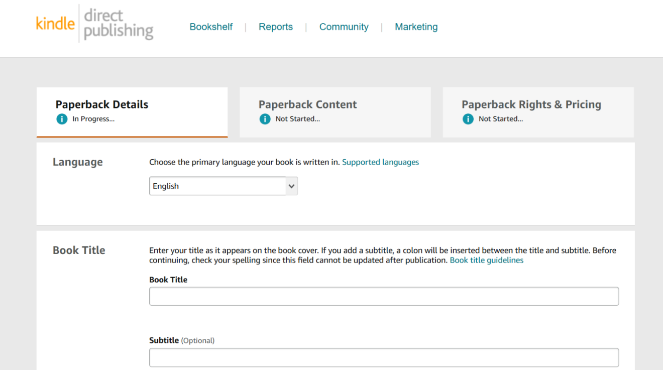A screenshot from the Kindle Direct Publishing website showing how to fill in book details