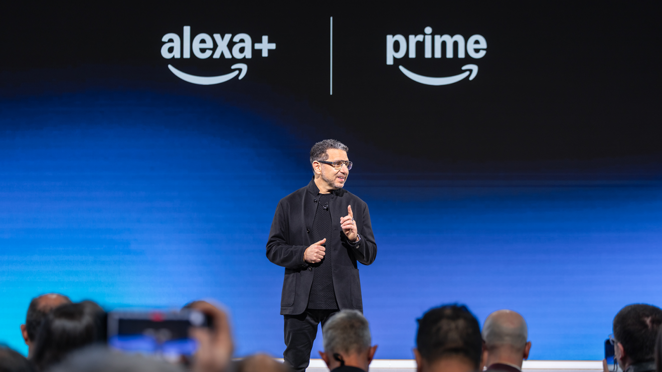 Amazon Devices & Services Senior Vice President Panos Panay speaking on stage at Amazon's 2025 Devices & Services event.